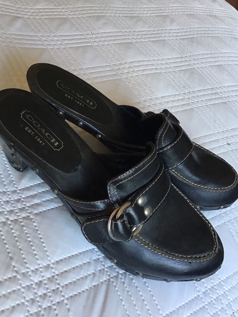 Coach Black Leather Slip-On Buckle Clog Mules